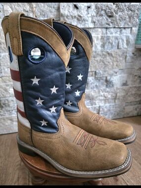 Kids Brown & Navy American Flag Western Boots Size 4 Euc